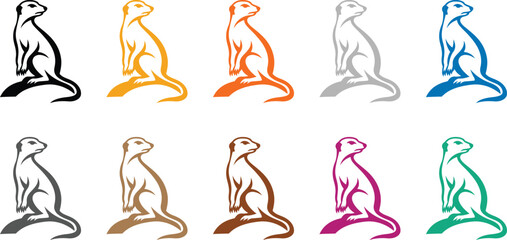 Stylized meerkats in different colors standing alert, Colorful standing meerkat illustrations for design use