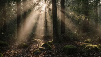 Obraz premium Sunbeams filtering through a misty forest canopy illuminating moss-covered rocks and forest floor.