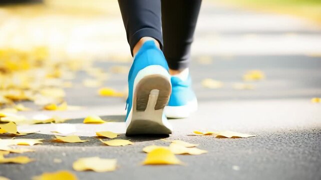 Vibrant blue sneakers stride through golden autumn leaves on a sunny path., 4k high quality