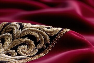 Fototapeta premium Close-up of luxurious embroidered fabric featuring intricate gold patterns on a deep red background, ideal for fashion or interior design.