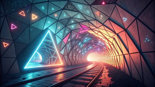 A polygonal tunnel formed by sharp triangles and prisms with glowing light reflections creating futuristic perspective and motion design. - Powered by Adobe