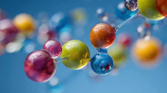 Colorful molecules suspended in a blue background showcase scientific beauty and creativity in molecular structure