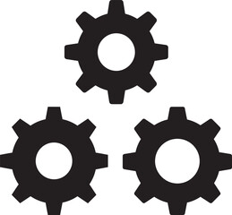 Three black gear silhouettes on white background silhouette