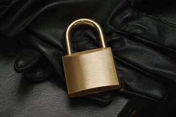 Intricately designed brass padlock resting atop sleek black leather gloves showcasing security awareness with a stylish touch conveying trust, protection, and enigmatic allure