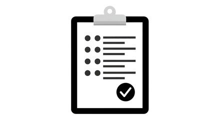 A black clipboard with a checklist and a silver clip isolated on white background