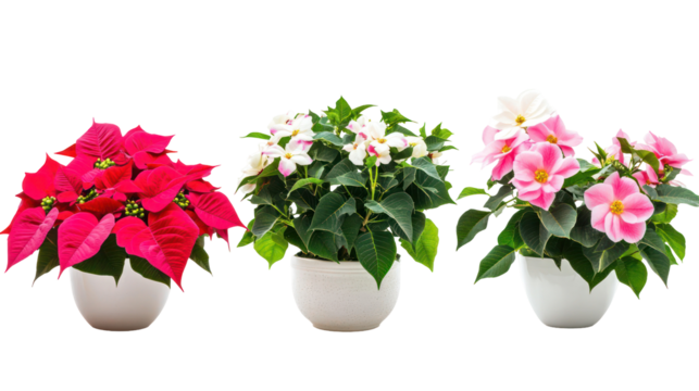 Three sets of poinsettia plants primrose plants and camellia plants on transparent background