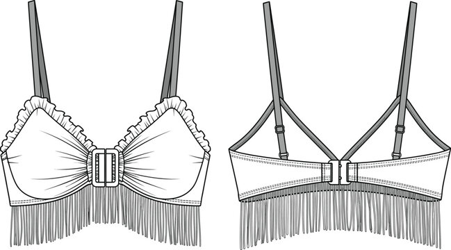 Fashion lingerie bra vector illustration, front and back technical flat sketch with ruffle trim, fringe hem, adjustable straps, and decorative center buckle design