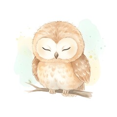 Fototapeta premium Peaceful owl sleeping on branch, soft pastel watercolor illustration