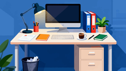 Business desk collection, cartoon hand-drawn vector illustrations, business work scenarios: computers, chairs, documents, stationery, desks