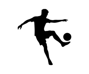 Silhouette of a male soccer player in action kicking a ball with dynamic movement and athletic pose