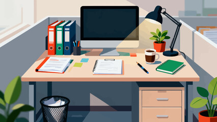 Business desk collection, cartoon hand-drawn vector illustrations, business work scenarios: computers, chairs, documents, stationery, desks