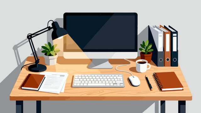 Business desk collection, cartoon hand-drawn vector illustrations, business work scenarios: computers, chairs, documents, stationery, desks