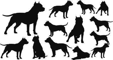Fototapeta premium Pitbull dog silhouettes in various poses, domestic pet vector illustration, strong guard dog concept, animal design for training, security, and educational projects