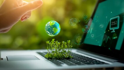 Eco-friendly technology concept with laptop, green plants, digital Earth hologram and sustainable innovation in a bright natural environment - Powered by Adobe