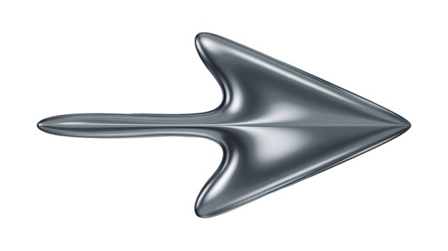 Shiny metallic right pointing arrow isolated on transparent background