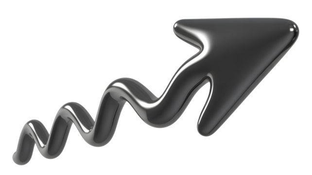 Glossy black arrow shape with a spiral tail isolated on transparent background