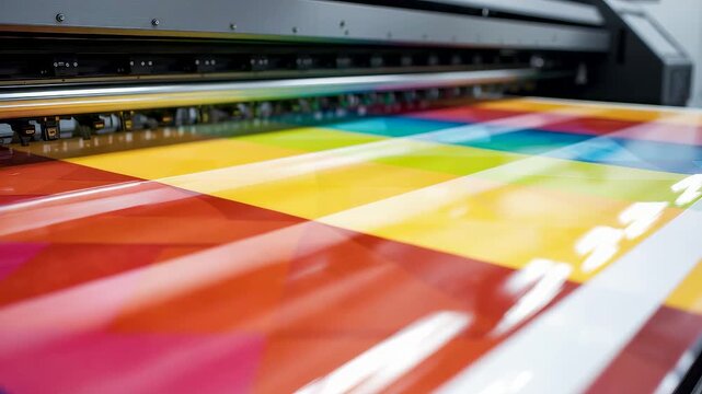 High-quality digital printer producing vibrant multicolor sheets with smooth gradients, precision alignment, and professional print output