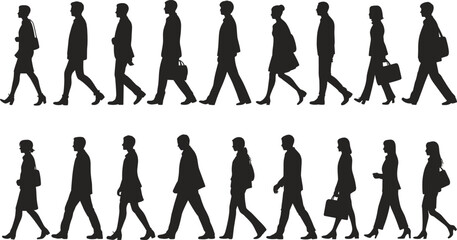 Silhouette of business people walking in professional office attire isolated on white background, men and women vector illustration for corporate design