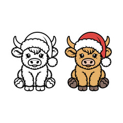 Adorable Highland Cow Wearing a Santa Hat – Christmas Farm Animal Clipart