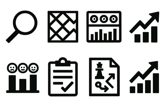 Bold Data Icons. Data-Driven Research silhouette icon set: search lens, pattern graph, metric dashboard, prediction arrow, sentiment chart, survey icon, strategy report, growth