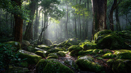 Sunlight streams through lush forest illuminating moss covered rocks and ancient trees