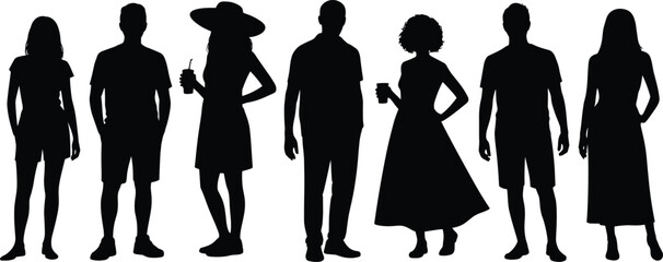 Silhouette of diverse people standing in summer clothes isolated on white background, men and women vector illustration for fashion and lifestyle design