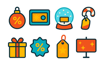 Holiday Sale Icons. Festive Sales flat icons: sale ornament, winter discount card, snow globe offer, candy cane label, holiday gift box, frosty badge, shining price tag, festive ad