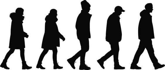 Silhouette of people walking in winter clothes isolated on white background, men and women pedestrians vector illustration for urban fashion design