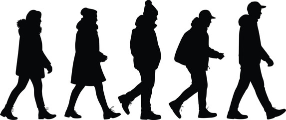 Silhouette of people walking in winter clothes isolated on white background, men and women urban pedestrians vector illustration for design and fashion