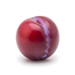 Obraz premium A single ripe red plum with a purple stripe on a white background