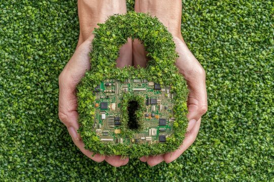 Sustainable digital security concept with a padlock made from lush greenery symbolizing eco-friendly technology and data protection held in hands against a backdrop of artificial turf