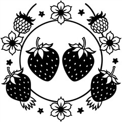Black and white wreath of strawberries and flowers