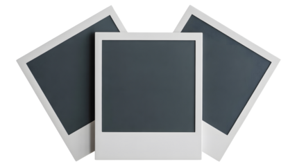 Three blank instant photo frames arranged in a fan shape isolated on transparent background