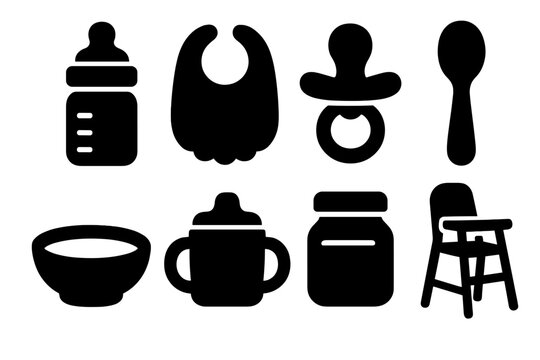 Brutalist Baby Feeding Icons. Baby Feeding Set silhouette icon set: bottle, bib, pacifier, spoon, bowl, sippy cup, baby food jar, high chair.