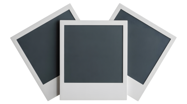 Three blank instant photo frames arranged in a fan shape isolated on transparent background