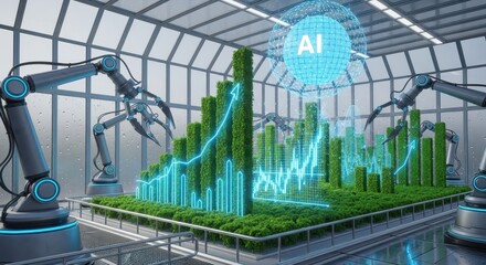 AI-Driven Growth: Robots cultivate vibrant plant-based graphs, symbolizing the synergy of artificial intelligence and sustainable economic expansion in a modern, technological setting.
