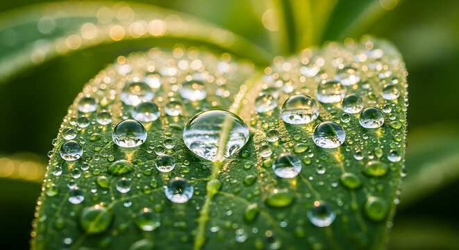 Fresh green leaf macro with morning dew and sunlight reflections