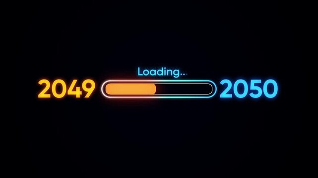 Loading bar from 2049 to 2050 with neon glow on black progress bar future