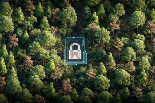 Digital lock concept surrounded by serene forest ecosystem highlighting cybersecurity in nature preserving encryption and data integrity amidst environmental themes