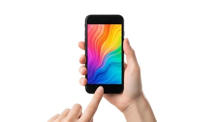 Hand Holding Smartphone with Colorful Screen Showing Vibrant Abstract Pattern