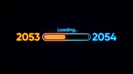 Loading bar from 2053 to 2054 with neon glow on black progress bar future