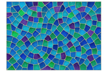 Abstract mosaic pattern featuring bright blue, green, and purple stained glass style geometric tiles for background