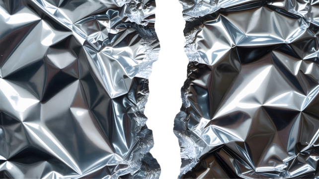 Cracked crumpled aluminum foil texture isolated on transparent background