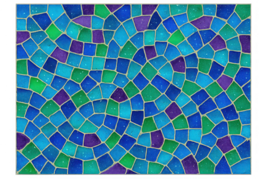 Abstract mosaic pattern featuring bright blue, green, and purple stained glass style geometric tiles for background
