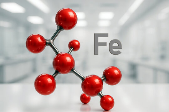High-end scientific background with glossy red iron molecules and metallic connectors on white sterile surface. Perfect for biotech, supplements, and healthcare branding.