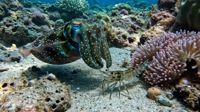 Cuttlefish and Shrimp Interact Near Coral Reef