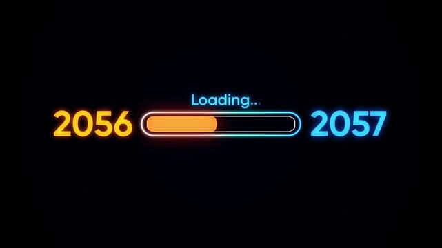 Loading bar from year 2056 to 2057 with neon glow on black progress future