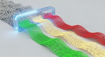 Data flow: A visual representation of data sorting and processing, with streams of information flowing from a central source into distinct, colored channels.