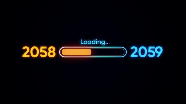 Loading bar from year 2058 to 2059 with neon glow on black progress future
