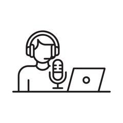 Person with headphones and microphone recording audio with laptop